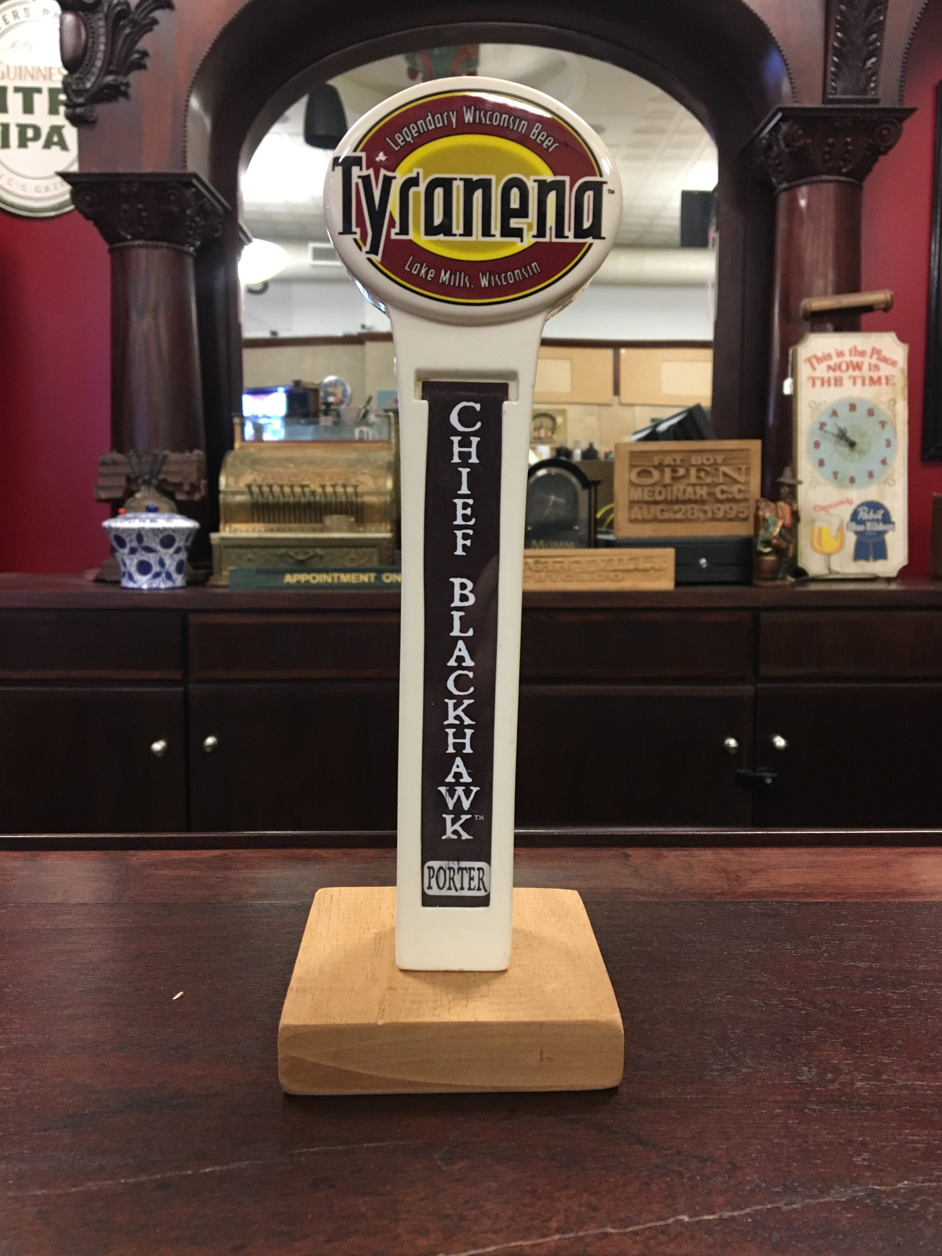 Tyranena, Legendary Wisconsin Beer, Lake Mills Wisconsin Tap Handle Chief Blackhawk Porter White, Brown, Red, Maroon, Yellow